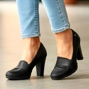 AK Anne Klein Black Loafer Heels Women’s 11 Block Heel Pumps Work Dress Shoes